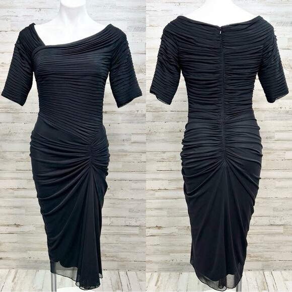 Tadashi Shoji Dresses & Skirts - Tadashi Shoji Bandage Mesh Ruched Cocktail Dress Size S Black Asymmetrical Neck